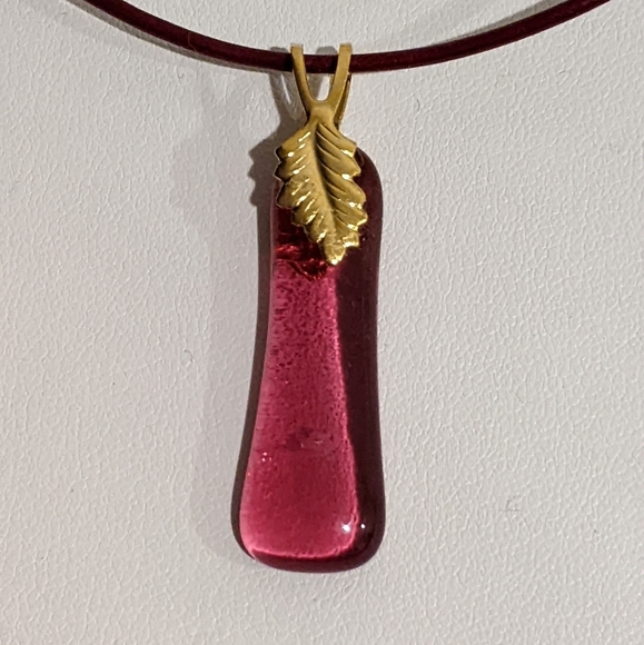 Hand Crafted Jewelry - Artisan Handmade Fused glass pink drop pendant necklace on rose leather chain.